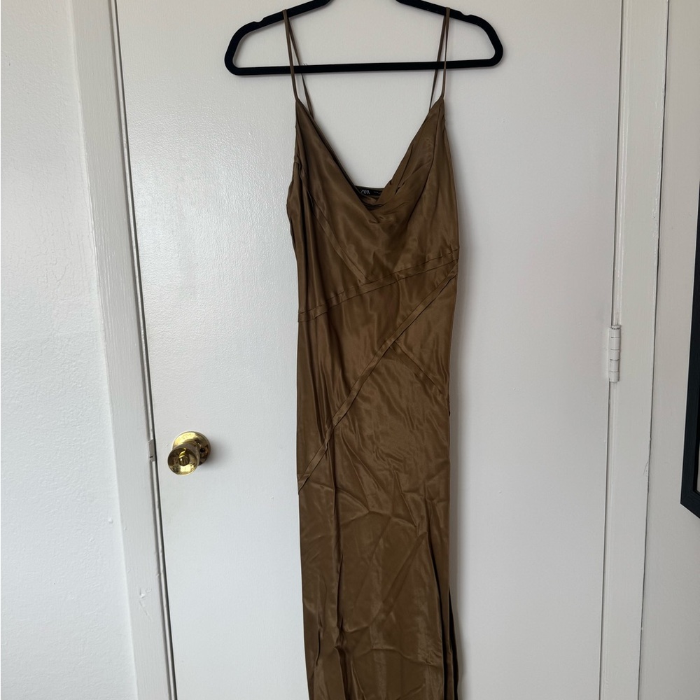 Zara Olive Green Slip Dress Spaghetti Strap Cocktail